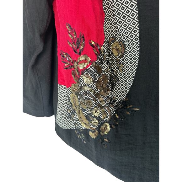 Chico's Blazer Black Red Art To Wear Mixed Media Sequin Open Front Relaxed XL - Picture 6 of 11